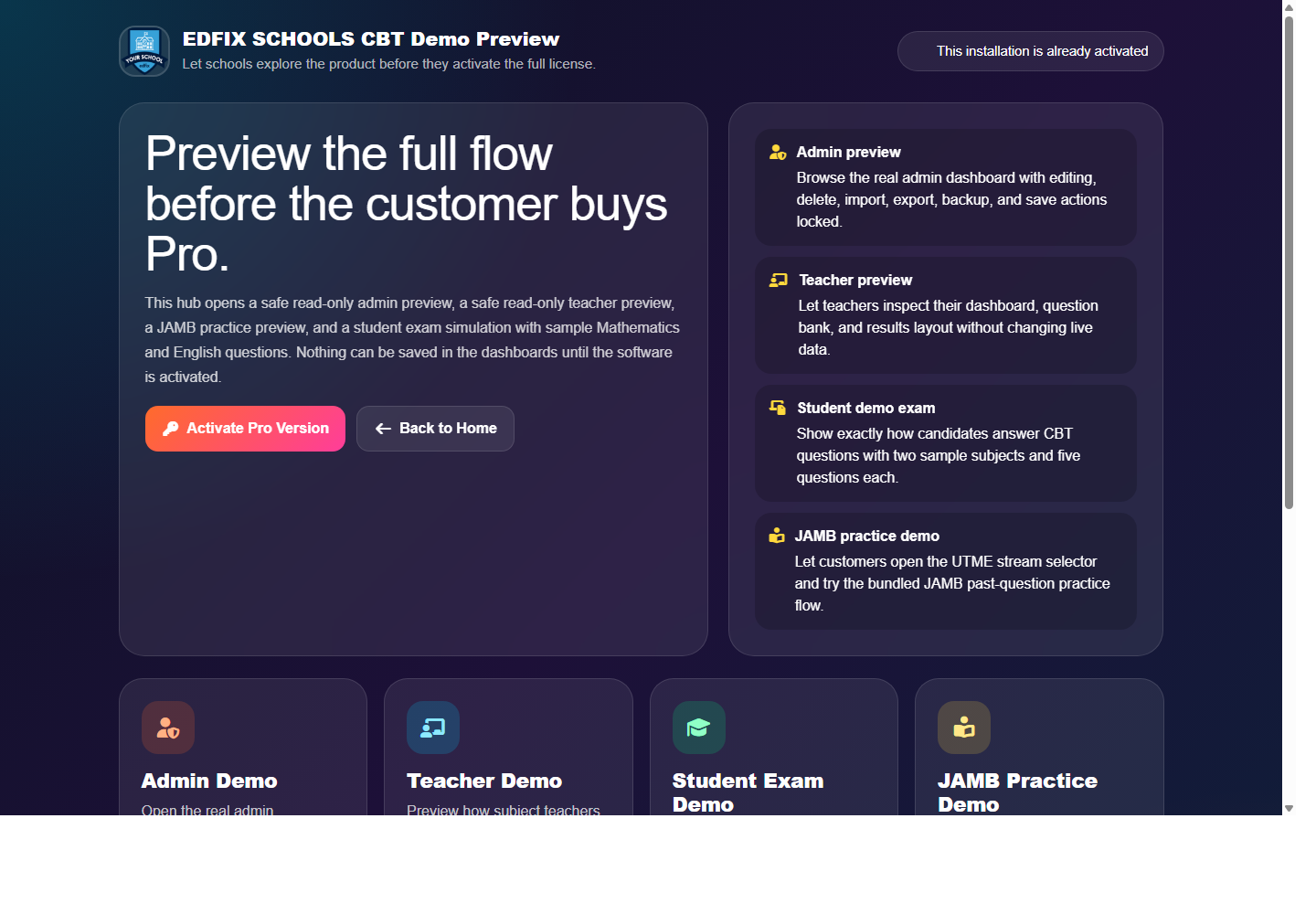 EDFIX CBT demo hub screenshot